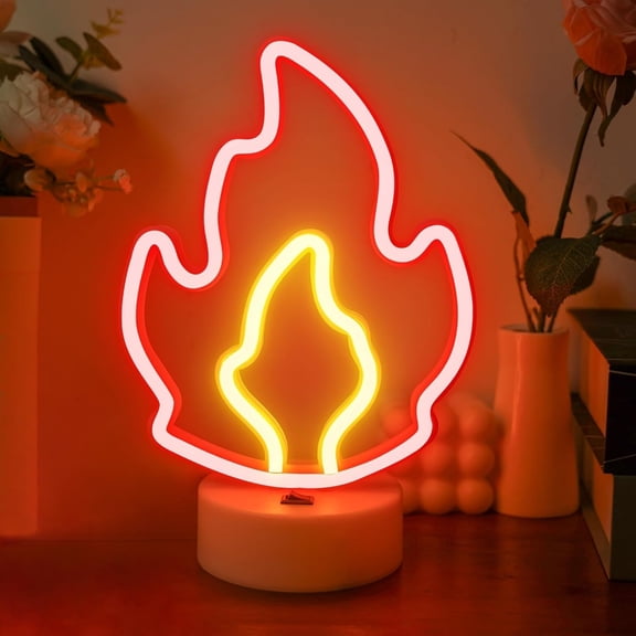 Fire Flame Neon Sign with Base, LED Fire Neon Lights for Room Decor, USB & Battery Powered Table Lamp Flame Led Light Sign for Home, Bedroom, Party, Birthday, Christmas Decor, Kids Gift