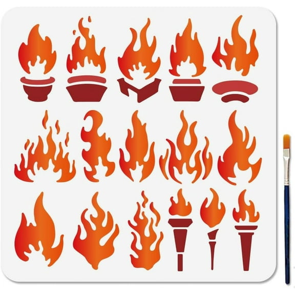 Fire Flame Stencil Kit 11.8x11.8 Inch - 2 Reusable Torch Pattern Templates with Brush for Wood Burning Art Rustic Wall Decor & DIY Home Accent Projects