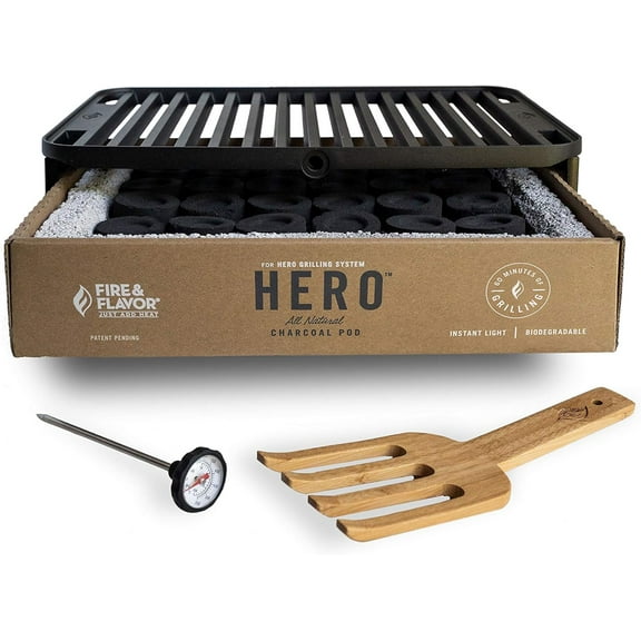 Fire & Flavor HERO Grill Kit Ultra-Portable Easy Instant Light Charcoal Grilling for Tailgating, Beach, RV, Park, Patio or Outdoor Activities with Reusable Eco-Friendly Pod