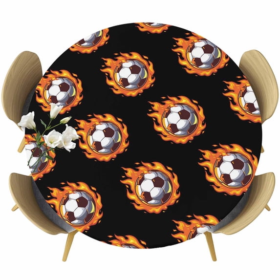Fire Football Round Tablecloth 55-60 Inch Round Fitted Table Cloth with Elastic Edge, Soccer Sports Dark Flaming Black Waterproof Table Cover Protector for Outdoor Picnic Party Dining