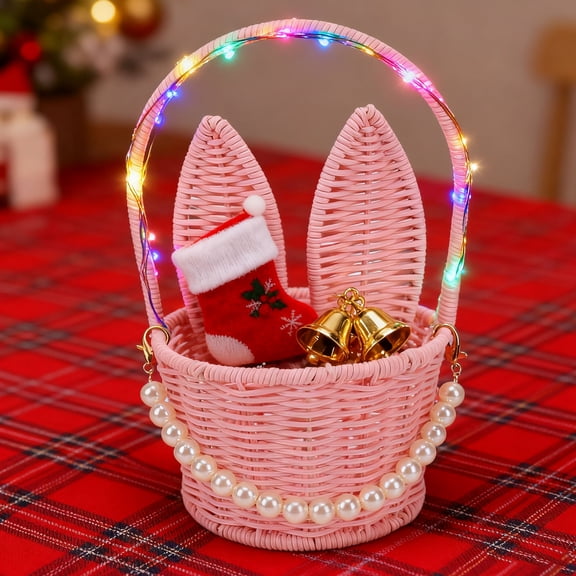 Fire Glass pink pp Handle Pearl Pendant Candy Picnic Wedding Easter Bunny Basket Rattan