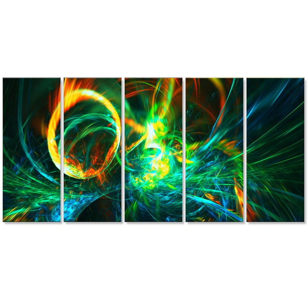 Fire Green Abstract Art on Canvas, 5 Equal Panels, 60" x 28"