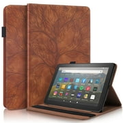 Fire HD 10 11th Gen Cover with Pencil Holder, Kindle Fire HD 10 Plus Tablet Case, Allytech Brown Embossed Tree Synthetic Leather Dust Proof Flip Stand Elastic Band Card Slots Business Case, Brown