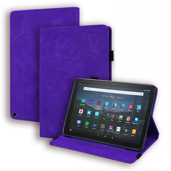 Fire HD 10 2021 Cases and Covers, Kindle Fire HD 10 Plus 11th Gen 2021 Case with Card Holder, Allytech Embossing PU Leather Scratch Resistant Anti-Skid Kickstand Auto Sleep Wake Purple Mandala Case