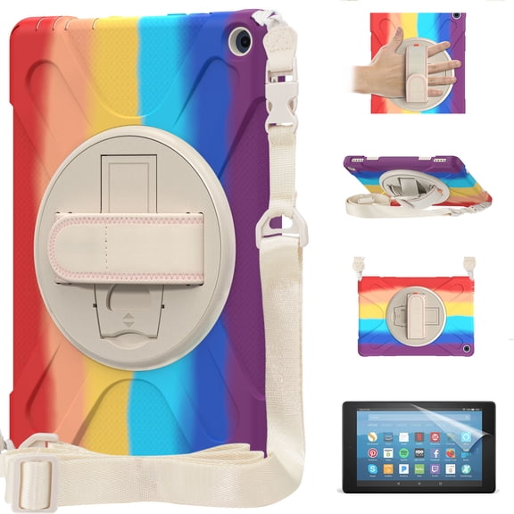 Fire HD 10 2021 Tablet Case with Pen Slot & Screen Protector, Allytech 360 Degree Rotating Kickstand Rugged Case with Hand Shoulder Strap for Kindle Fire HD 10 Plus 11th Gen 2021, Color Rainbow