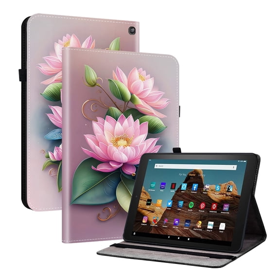 For Fire HD 10/Fire HD 10 Plus (10.1", 11th/13th Gen) Folio Case with Stand/Card Slots/Elastic Band Closure/Pen Loop Holder, Stylish Cute Cartoon PU Leather Protective Slim Flip Cover, Lotus