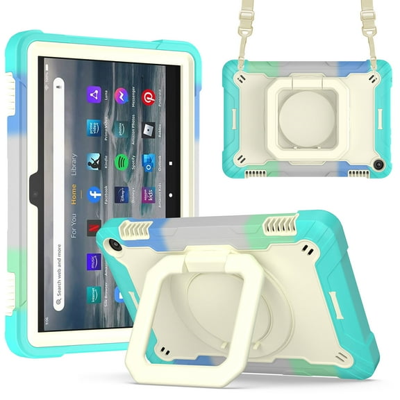 Fire HD 8 Case 2022, Fire HD 8 Plus Case 2022 - TECH CIRCLE Kids Proof Rugged Kickstand Handle Case with Adjustable Viewing Angles /Shoulder Strap for Fire HD 8 (12th Gen.) Tablet, Colorful/Mint