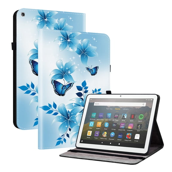 For Fire HD 8/Fire HD 8 Plus (8", 10th/12th Generation) Folio Case with Stand/Card Slots/Elastic Band Closure/Pen Loop Holder, Stylish Cute Cartoon PU Leather Protective Slim Cover, Blue Butterfly