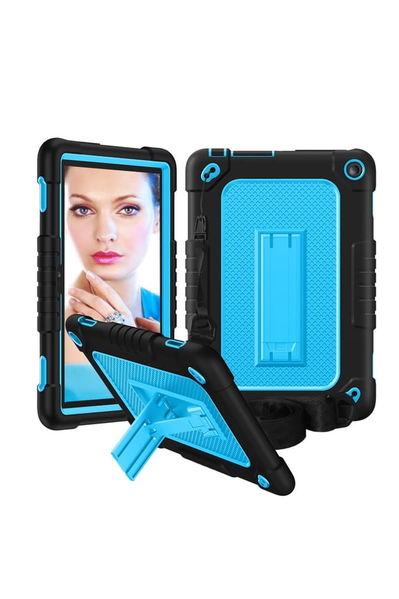 Fire HD 8 / HD 8 Plus Tablet Case 12 Gen 2022 , SOATUTO Heavy Duty Shockproof Protective Case Built in Kickstand & Shoulder Strap for Fire HD 8 Kids / HD 8 Kids Pro 10th Gen 2020 - Black+Blue