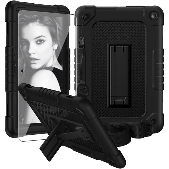 Fire HD 8 / HD 8 Plus Tablet Case 12 Gen 2022 with Screen Protector , SOATUTO Shockproof Protective Case Built in Kickstand Shoulder Strap for Fire HD 8 Kids / HD 8 Kids Pro 2020 (Black+Black/1 Pcs)