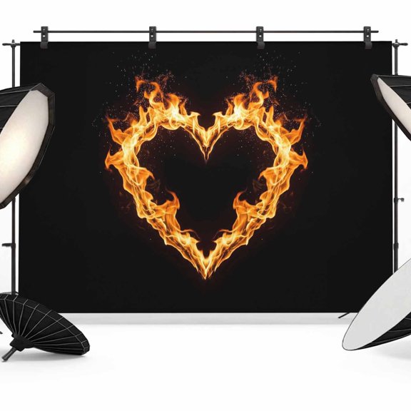 Fire Heart Backdrops for Photography, Romantic Black Background Fabric Photo Background Sturdy Studio Props for Photo Studio, Video Recording, Booth & Photoshoot 7x5ft