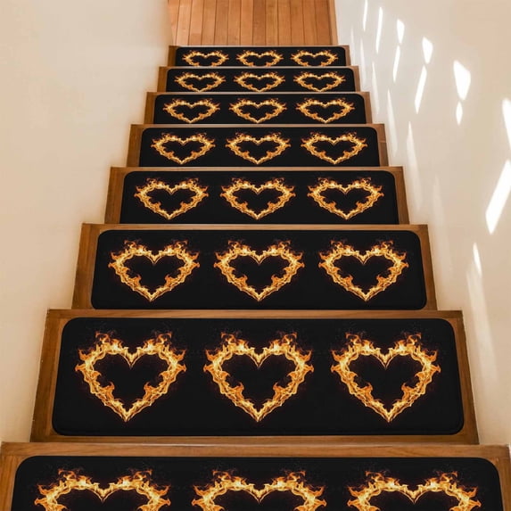 Fire Heart Stair Treads Non Slip for Steps Romantic Black Background 15 Pcs Reusable Adhesive Stair Runner Mats for Dogs Elders Carpet Treads Rugs for Staircase 8x30 In