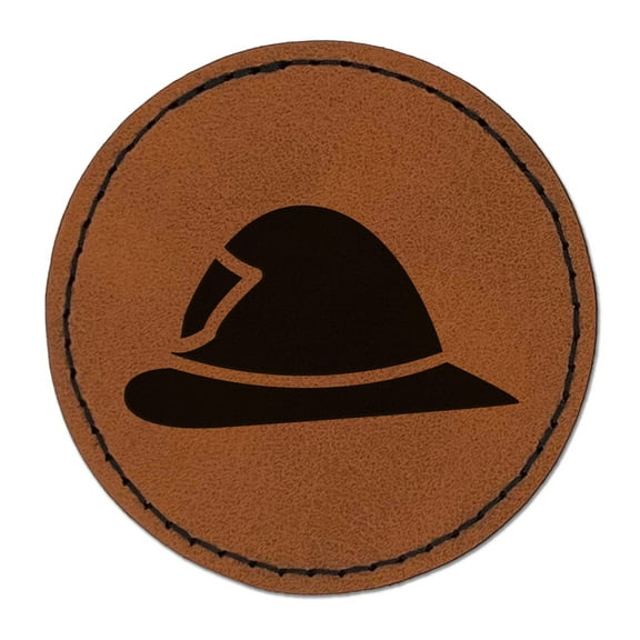 Fire Helmet Fireman Firefighter Profile 2.5" Faux Leather Round Engraved Iron-On Patch - Brown
