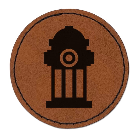 Fire Hydrant Icon 2.5" Faux Leather Round Engraved Iron-On Patch - Brown