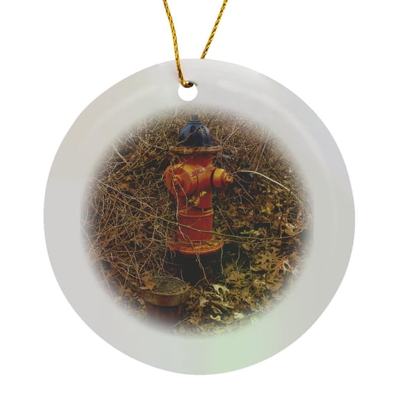 3drose, Fire Hydrant in the Woods, Circle Porcelain Ornament