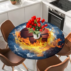 Fire and Ice Basketball Sports Elastic Fitted Round Tablecloth Blue Waterproof Outdoor Table Cover for Holiday Party, Picnic, Patio & Dining Fits Tables Up to 55"-60"