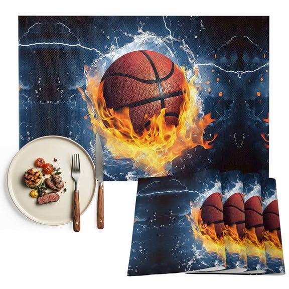 Fire and Ice Basketball Sports Placemats Set of 12, Blue Table Mats Washable Heat-Insulation Non-Slip Place Mats for Kitchen Dinner Table Indoor Outdoor Decor,13x19 Inch