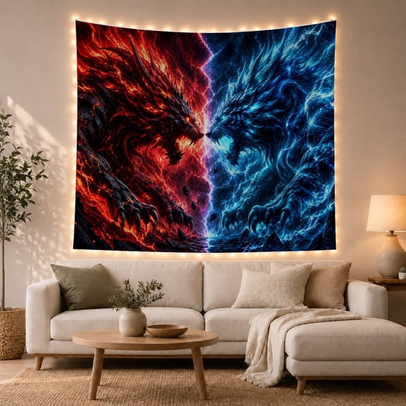 Fire and Ice Dragons in Elemental Battle Against Dark Smoke, Dramatic Fantasy for Fantasy Fans, Mythical Creature Wall Art, Christmas Gift, Tapestry Wall Hanging for Bedroom and Living Room