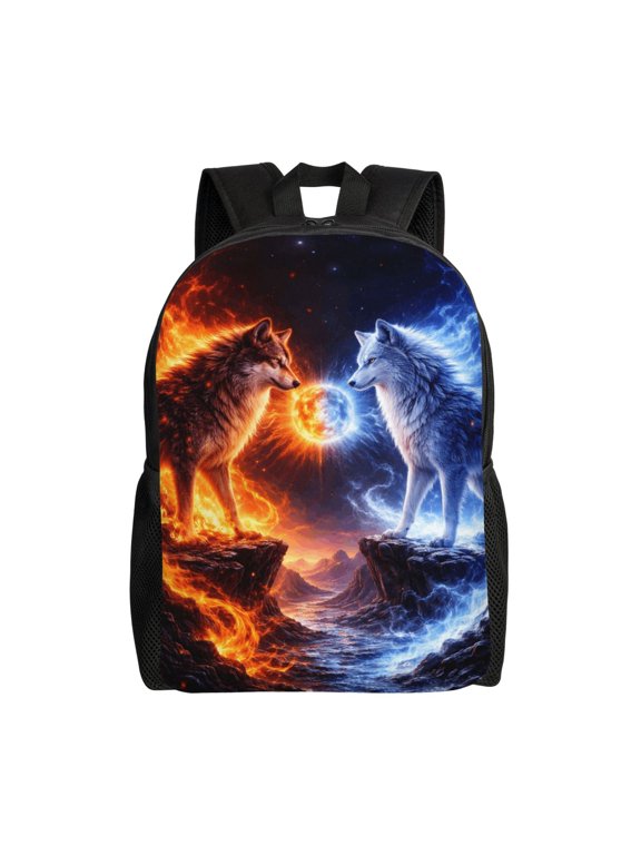 Fire Ice Fantasy Wolf Backpack Full Front Print Travel Laptop Bag for Men and Women