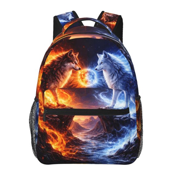 Fire Ice Fantasy Wolf Backpack Lightweight Travel Bag for Men and Women