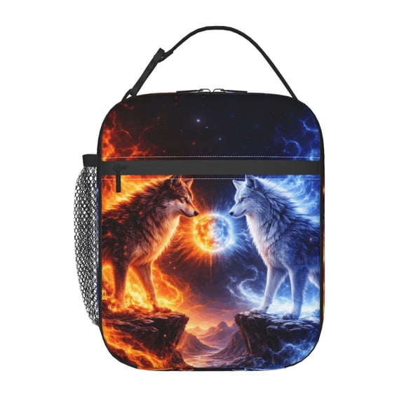 Fire Ice Fantasy Wolf Lunch Bag Reusable Thermal Lunch Tote with Handle for Women and Men