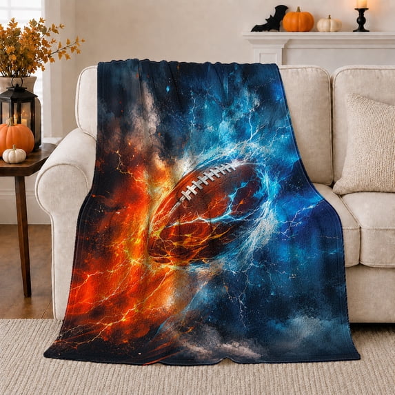 Fire Ice Football Clash Sofa Energetic Fantasy Style, Mystical Fantasy Scene, Warm Flannel Blanket for Living Room and Bedroom, Art Lovers Housewarming Gift, Fantasy Home Decor