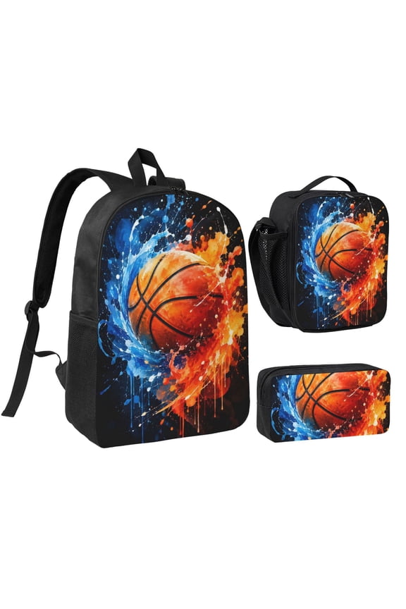 Fire Ice Paint Basketball Backpack Set 3pc Including Backpack, Lunch Bag and Pen Bag Combination