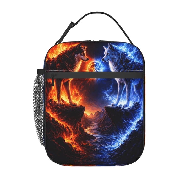 Fire Ice Wolf Lunch Bag Reusable Thermal Lunch Box with Handle for Women and Men