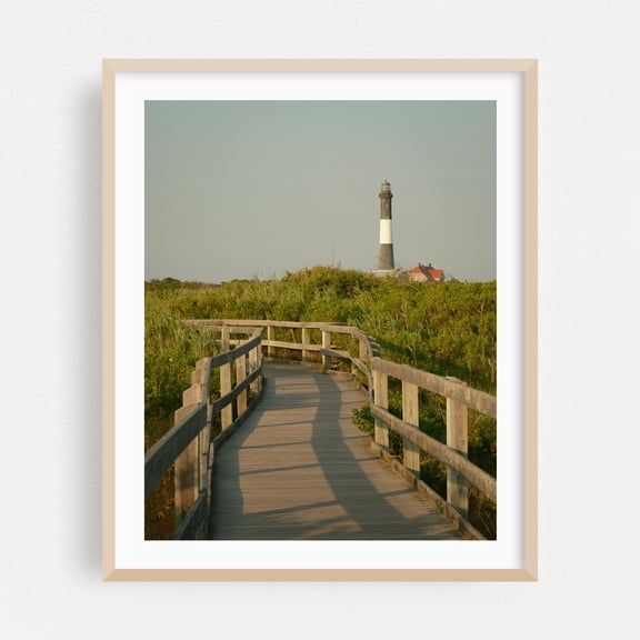Fire Island Boardwalk 01 - Fire Island New York Photography Lighthouse Coastal Nature Scenic Landscape Beach House Oak Framed Wall Art Print 12 x 16 inches