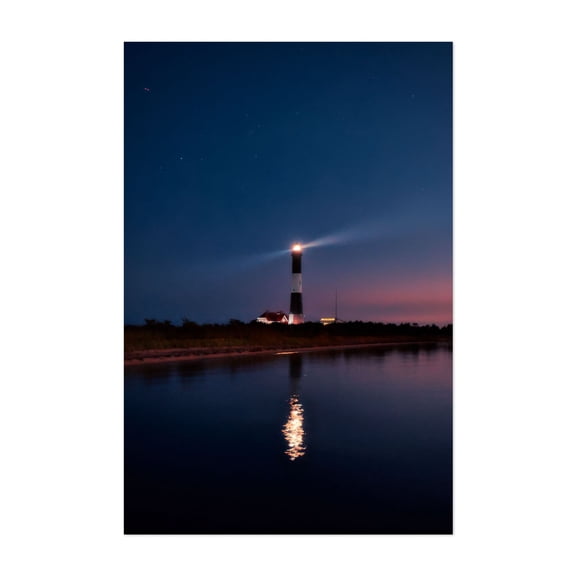 Fire Island Lighthouse at Night - Fire Island New York Photography Lighthouse Night Sky Coastal Seascape Stars Scenic Ocean Unframed Wall Art Print 5 x 7 inches