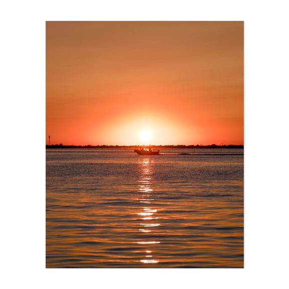 Fire Island Sunset and Boat 01 - Fire Island New York Photography Sunset Boat Ocean Silhouette Seascape Water Coastal Unframed Wall Art Print 6 x 8 inches
