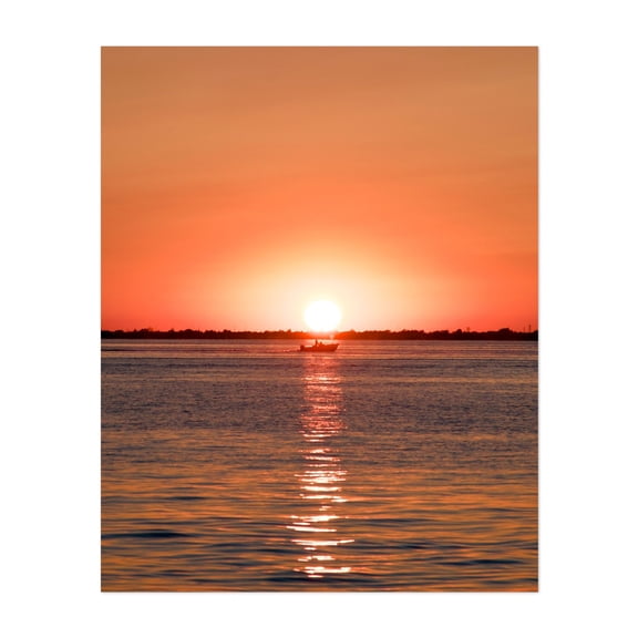 Fire Island Sunset and Boat 02 - Fire Island New York Photography Sunset Boat Seascape Silhouette Ocean Water Scenic Unframed Wall Art Print 30 x 40 inches