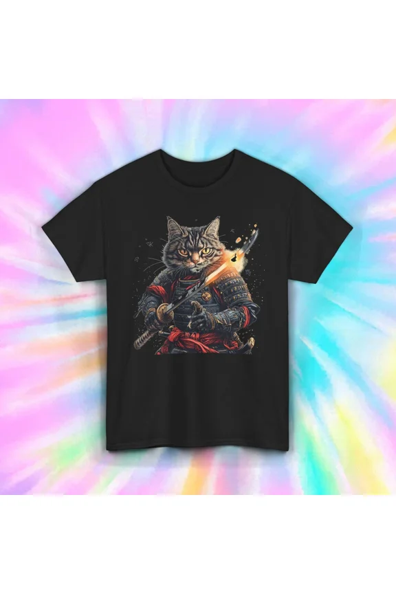 Fire Katana Cat Samurai Warrior Cool Ninja Style Gift Top Unisex T-Shirt up to size 5XL