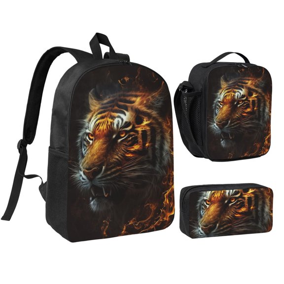 Fire King Tiger Face Art 17-inch Laptop Backpack 3-Piece Set with Insulated Lunch Bag and Accessory Pouch, Rucksack for Teens Adults