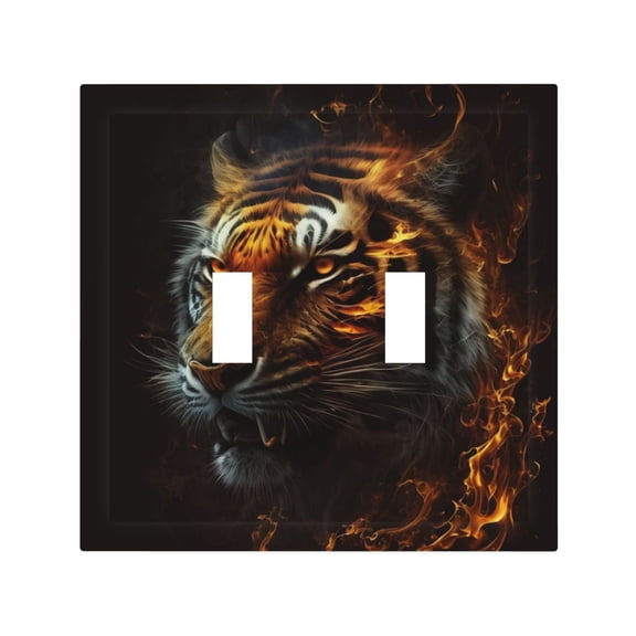 Fire King Tiger Face Art 2 Gang Switch Wall Plate Decorative Double Toggle Cover with 4 Painted Screws for Home & Commercial Use