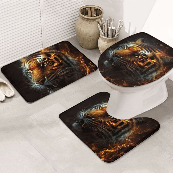 Fire King Tiger Face Art 3-Piece Bathroom Rug Sets - Non-Slip Bath Mat 31.5"x19.7" with U-Shaped Contour Mat Toilet Lid Cover