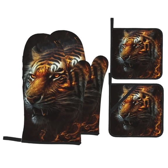 Fire King Tiger Face Art 4Pcs Oven Mitts and Pot Holders Sets Oven Kitchen Gloves Hot Pads for Cooking BBQ Baking Grilling