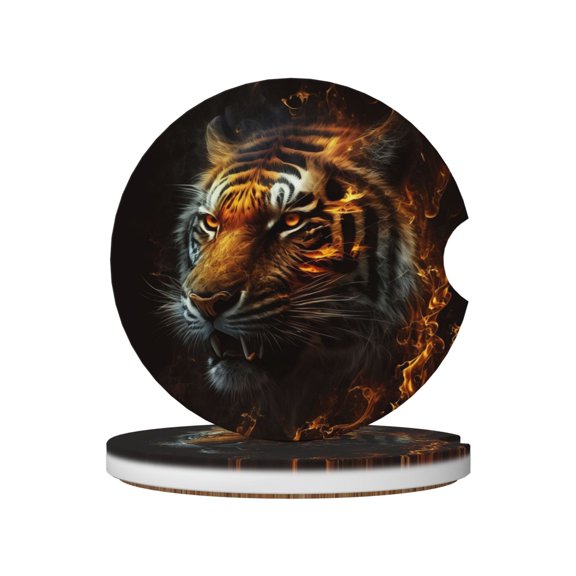 Fire King Tiger Face Art Absorbent Ceramic Car Coasters, 2-Piece Set with Non-Slip Cork Base for Auto Cup Holders