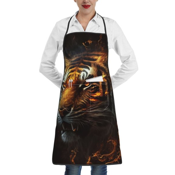 Fire King Tiger Face Art Apron with Pocket Cooking Waterproof Bib Aprons for Kitchen Baking Chef Gardening BBQ