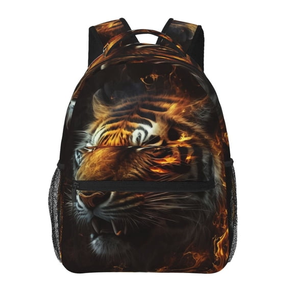 Fire King Tiger Face Art Backpack Casual College Bag Zipper Laptop Daypack Hiking Rucksack Travel
