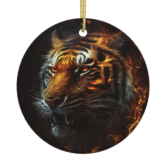 Fire King Tiger Face Art Ceramic Christmas Ornament, Round Porcelain Xmas Tree Hanging Decoration