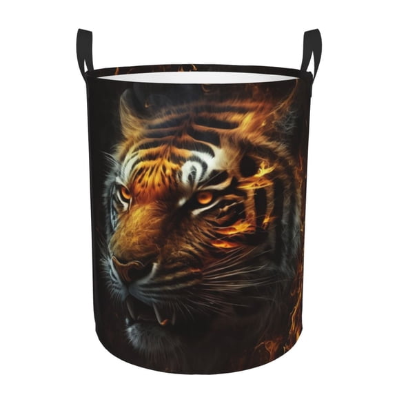Fire King Tiger Face Art Foldable Laundry Hamper with Handle Storage Basket for Clothes Toys & Organizing