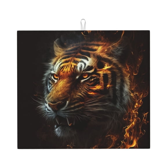 Fire King Tiger Face Art Kitchen Drying Mat 18x16 Inch Ultra Absorbent Countertop Mat Foldable with Hanging Loop