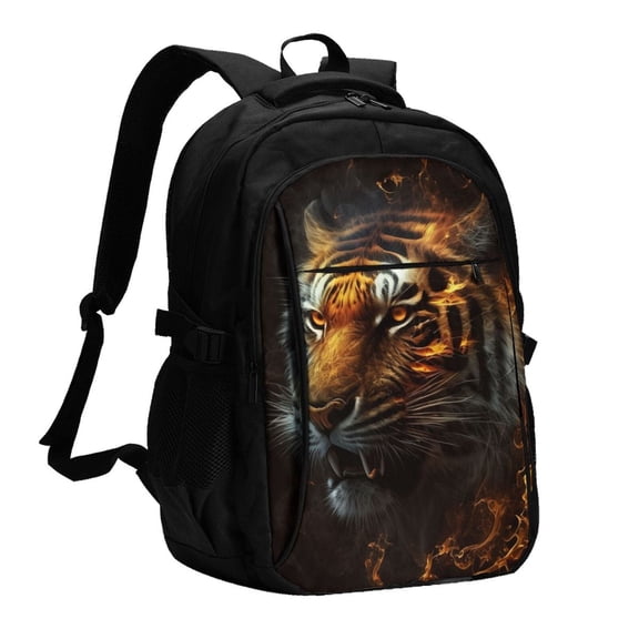 Fire King Tiger Face Art Laptop Backpack with USB Charging Headphone Port Casual Daypack Bag College Business Travel