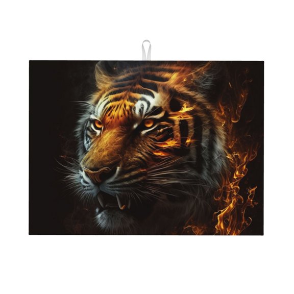Fire King Tiger Face Art Large Kitchen Drying Mat 18x24 Inch Ultra Absorbent Dish Drying Mats Foldable Countertop Protector