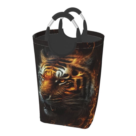 Fire King Tiger Face Art Laundry Bag with Handle - Foldable Dirty Clothes Hamper Collapsible Storage Bin