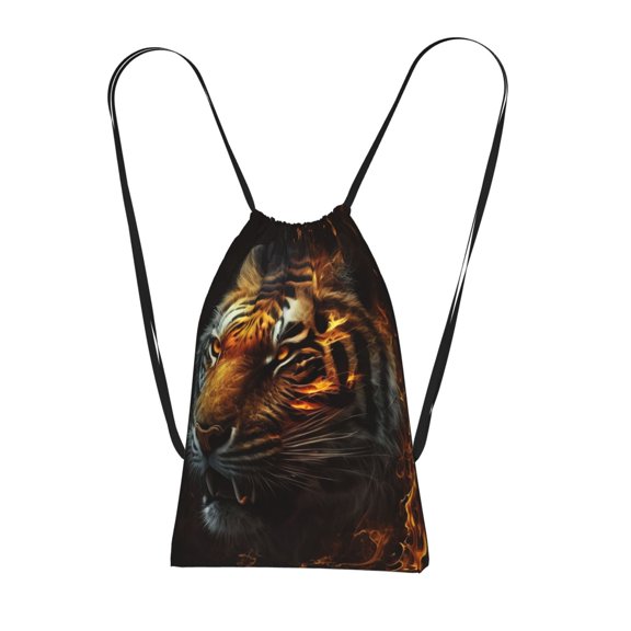Fire King Tiger Face Art Packable Drawstring Backpack, Lightweight Foldable Cinch Storage Bag for Gym Travel Shopping