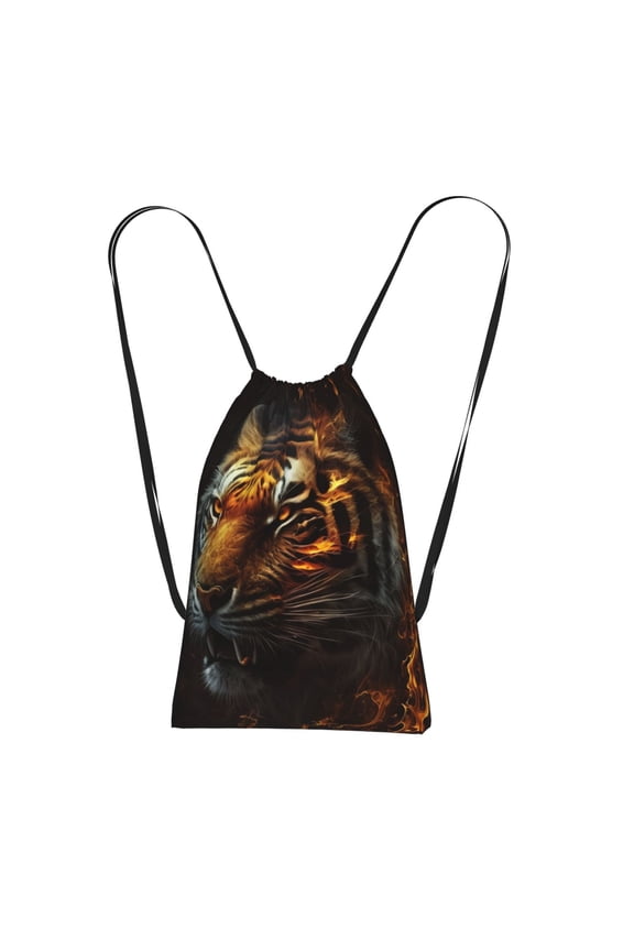 Fire King Tiger Face Art Packable Drawstring Backpack, Lightweight Foldable Cinch Storage Bag for Gym Travel Shopping
