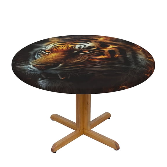 Fire King Tiger Face Art Round Fitted Tablecloth Elastic Edged Table Cloth Waterproof Table Cover 54in