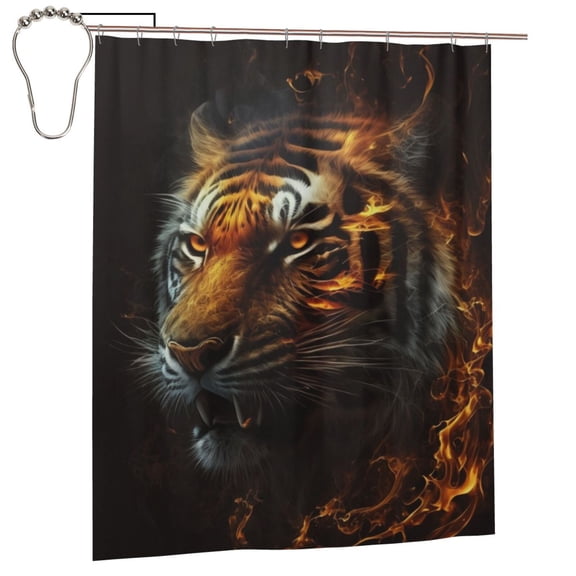 Fire King Tiger Face Art Shower Curtain Set with Hooks Iron Waterproof Bath Curtains 60X72 Inches for Bathroom Decor